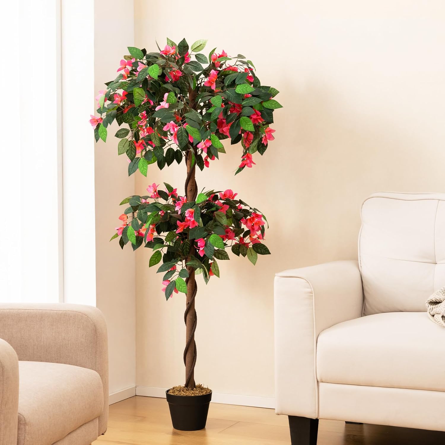 Albero di Buganvillea Artificiale 140 CM, Pianta Finta con 252 Fiori, 630 Foglie e Tronco in Legno Reale, Piante Artificiali in Vaso per Decorazione di Casa e Ufficio