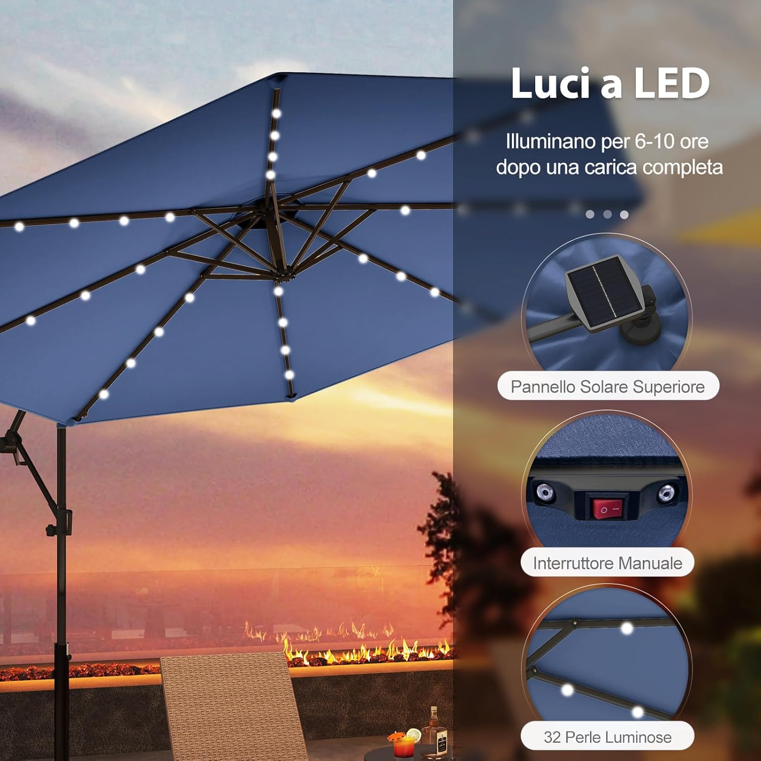 Ombrellone da Giardino ∅300 cm con 32 Luci LED, Ombrellone Prendisole con Rotazione di 360°, Inclinazione Regolabile, 8 Stecche, Manovella, per Giardino Piscina Cortile (Blu Scuro)