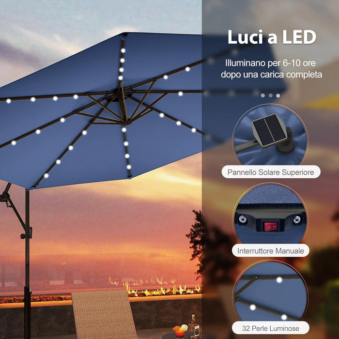 Ombrellone da Giardino ∅300 cm con 32 Luci LED, Ombrellone Prendisole con Rotazione di 360°, Inclinazione Regolabile, 8 Stecche, Manovella, per Giardino Piscina Cortile (Blu Scuro)