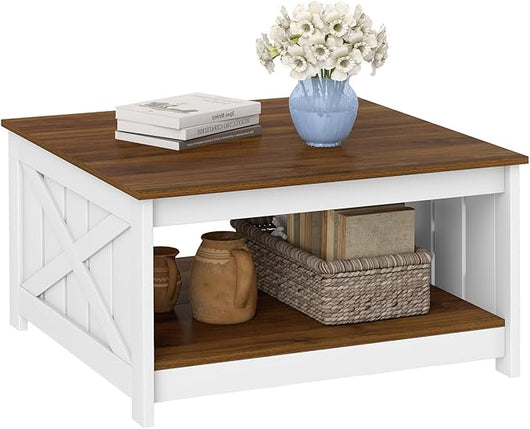 Tavolino da Caffè Quadrato a 2 Livelli, Tavolino Salotto Rustico in Legno con Ampio Piano e Ripiano Aperto per Soggiorno, Ufficio e Studio, 78 x 78 x 44 cm, Bianco & Marrone