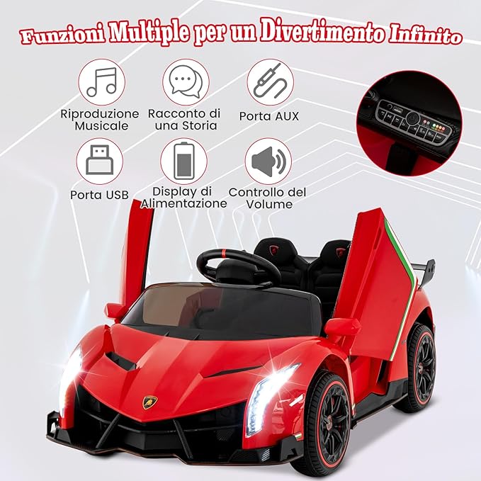 Lamborghini Macchina Elettrica per Bambini, Auto Elettrica Cavalcabile con Telecomando Luci LED, 3 Velocità, 3-6 km/h, per Bambini 3-8 Anni (Rosso)