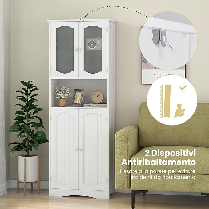 Armadietto Salvaspazio 60 x 30 x 164cm, Mobile Bagno con Scomparti Aperti, Ripiani Regolabili e 2 Porte in Vetro Temprato, Armadio da Bagno per Ufficio, Soggiorno e Camera da Letto (Bianco)