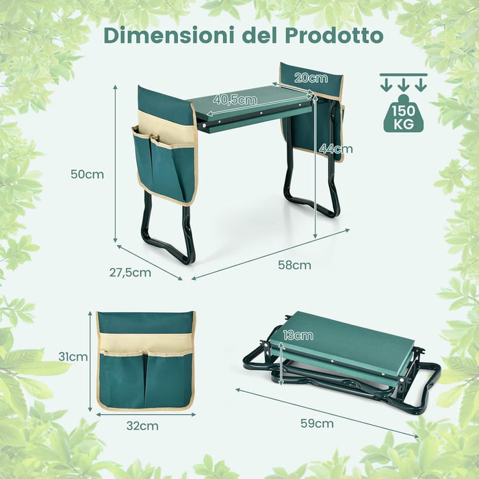 Inginocchiatoio da Giardino 2 in 1, Sgabello da Giardino Portatile e Pieghevole per Inginocchiare e Sedere, Sedile per Giardinaggio con 2 Tasche Porta Attrezzi e Materassino Ampio