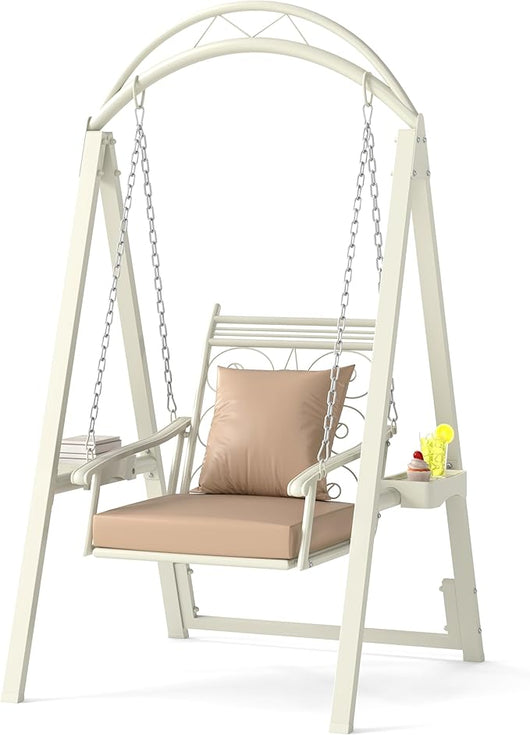 Sedia Sospesa da Esterno, Sedia a Dondolo Singola con Cuscini Removibili e Tavolini Laterali per Giardino, Portata 160 kg, Altalena con Supporto da Esterno ed Interno (Bianco)