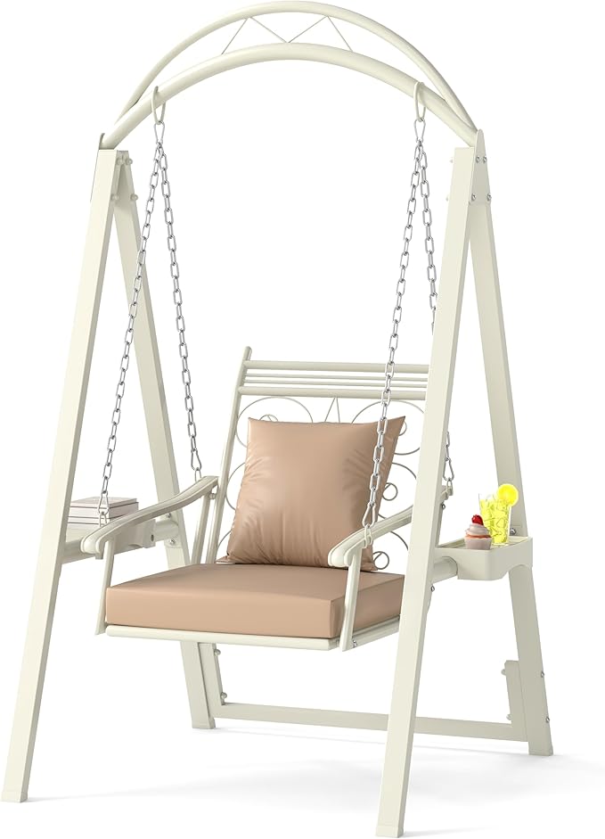 Sedia Sospesa da Esterno, Sedia a Dondolo Singola con Cuscini Removibili e Tavolini Laterali per Giardino, Portata 160 kg, Altalena con Supporto da Esterno ed Interno (Bianco)