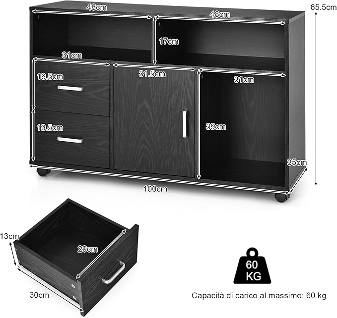 Mobile Per Documenti Con 3 Mensole Aperte, 2 Cassetti, Superficie Ampia, Schedario Mobile Con 5 Ruote Girevoli, Per Casa e Ufficio