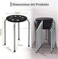 Set di 6 Sgabello Tondo Impilabile in Metallo, Sgabello Cucina Basso per Bambini Adulti, Sgabelli da Bar Casa Ufficio Aule, 30 x 30 x 44,5 cm (Nero + Grigio)