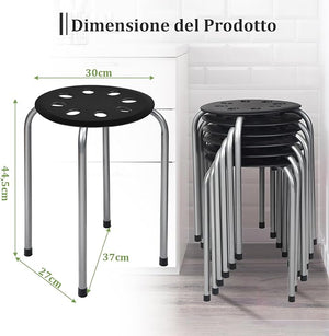 Set di 6 Sgabello Tondo Impilabile in Metallo, Sgabello Cucina Basso per Bambini Adulti, Sgabelli da Bar Casa Ufficio Aule, 30 x 30 x 44,5 cm (Nero + Grigio)