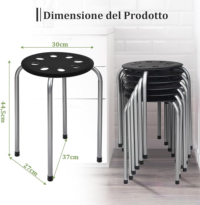 Set di 6 Sgabello Tondo Impilabile in Metallo, Sgabello Cucina Basso per Bambini Adulti, Sgabelli da Bar Casa Ufficio Aule, 30 x 30 x 44,5 cm (Nero + Grigio)