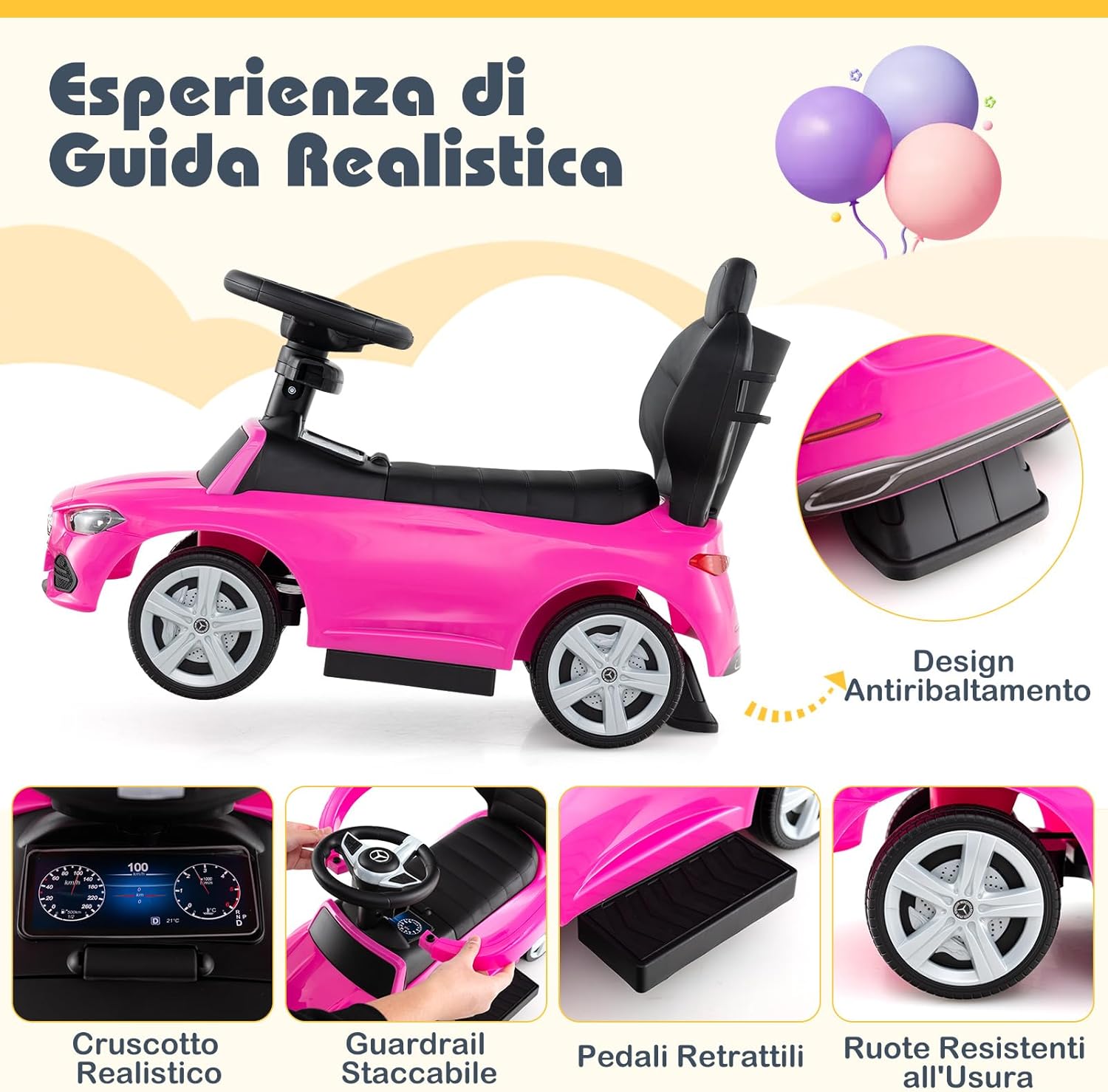 3 in 1 Auto a Spinta, Mercedes-Benz Macchina Cavalcabile, con Schienale Regolabile Suono Barra di Spinta e Tettuccio, per Bambini 18-36 Mesi (Rosa)