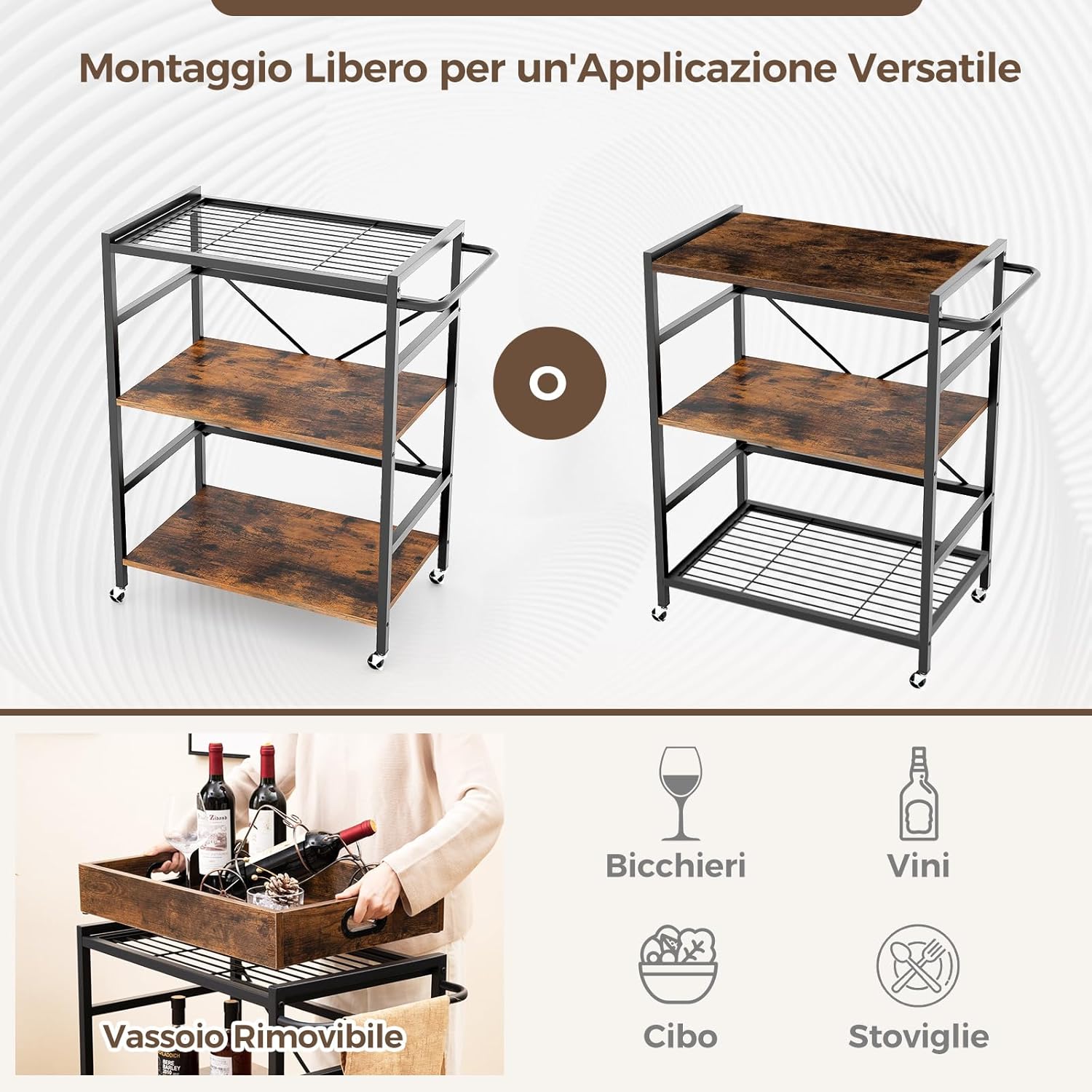Carrello da Bar a 3 Ripiani, Carrello da Servizio Industriale con Vassoio Rimovibile, 4 Ruote Bloccabili e 1 Maniglia, Carrello da Cucina con Ruote, 73 x 40 x 94 cm