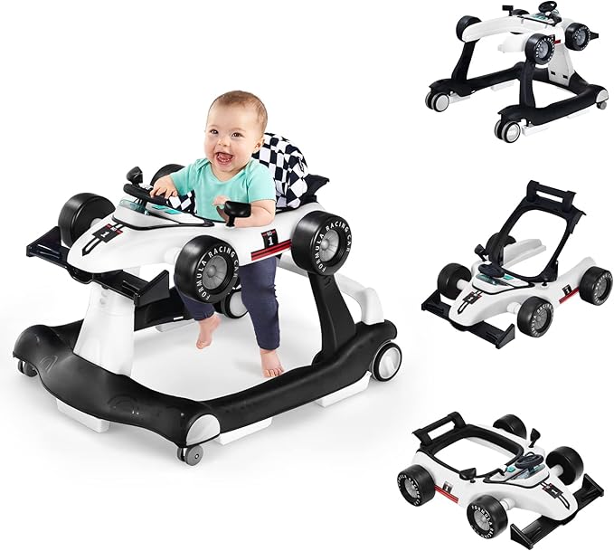 Girello per Bambini 4 in 1, Girello Pieghevole con Altezza e Velocità Regolabili, Carillon con Luci, Volante, Primi Passi per Bambini 6-18 Mesi, Portata 15 kg (Bianco)