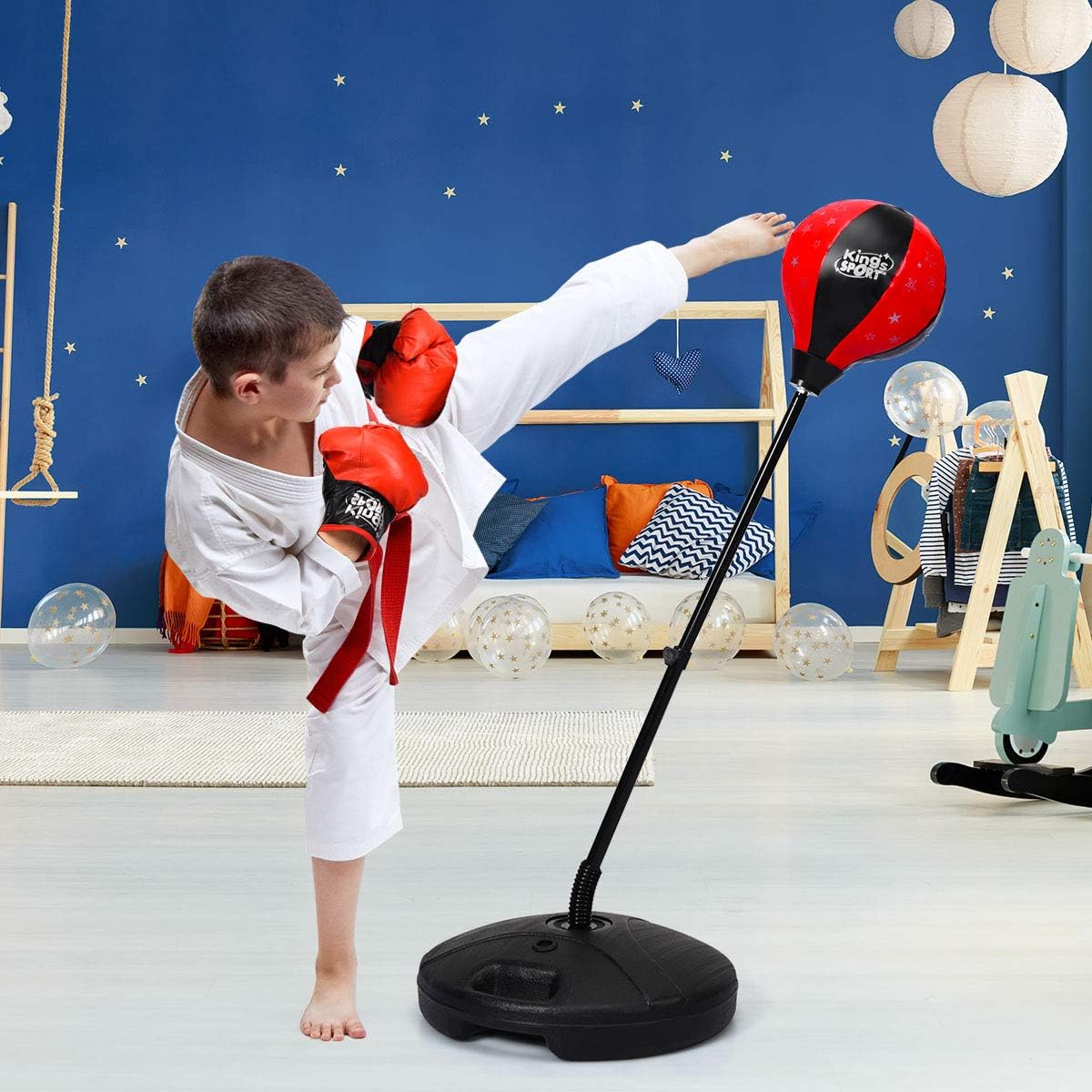 Sacco da Boxe per Bambini Altezza Regolabile, Punching Ball per Bambini con Guantoni, Palla di Pugilato da Terra con Base Stabile Riempibile con Acqua o Sabbia, Rosso