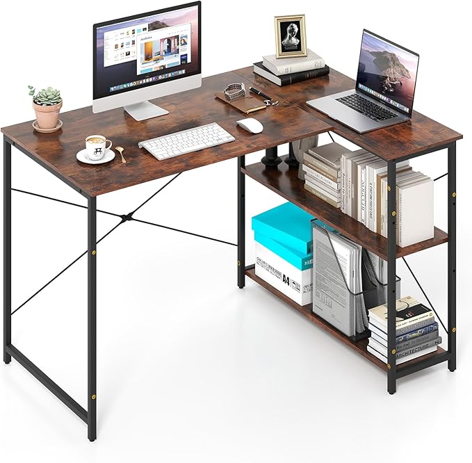 Scrivania Angolare a Forma di L, Scrivania ad Angolo Salvaspazio e Reversibile con Ripiano Regolabile e Struttura in Metallo Resistente, Tavolo per Ufficio e Casa (Marrone)