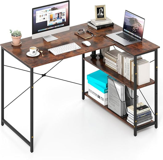 Scrivania Angolare a Forma di L, Scrivania ad Angolo Salvaspazio e Reversibile con Ripiano Regolabile e Struttura in Metallo Resistente, Tavolo per Ufficio e Casa (Marrone)