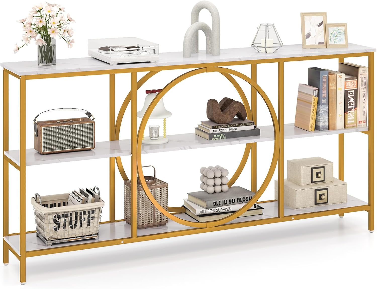 Tavolo Consolle a 3 Piani, Tavolo d’Ingresso con Piano in Legno, Struttura in Metallo e Ripiani, Tavolo per Corridoio, Soggiorno e Ingresso, 180 x 30 x 90 cm (Bianco e oro)