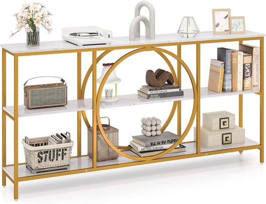 Tavolo Consolle a 3 Piani, Tavolo d’Ingresso con Piano in Legno, Struttura in Metallo e Ripiani, Tavolo per Corridoio, Soggiorno e Ingresso, 180 x 30 x 90 cm (Bianco e oro)