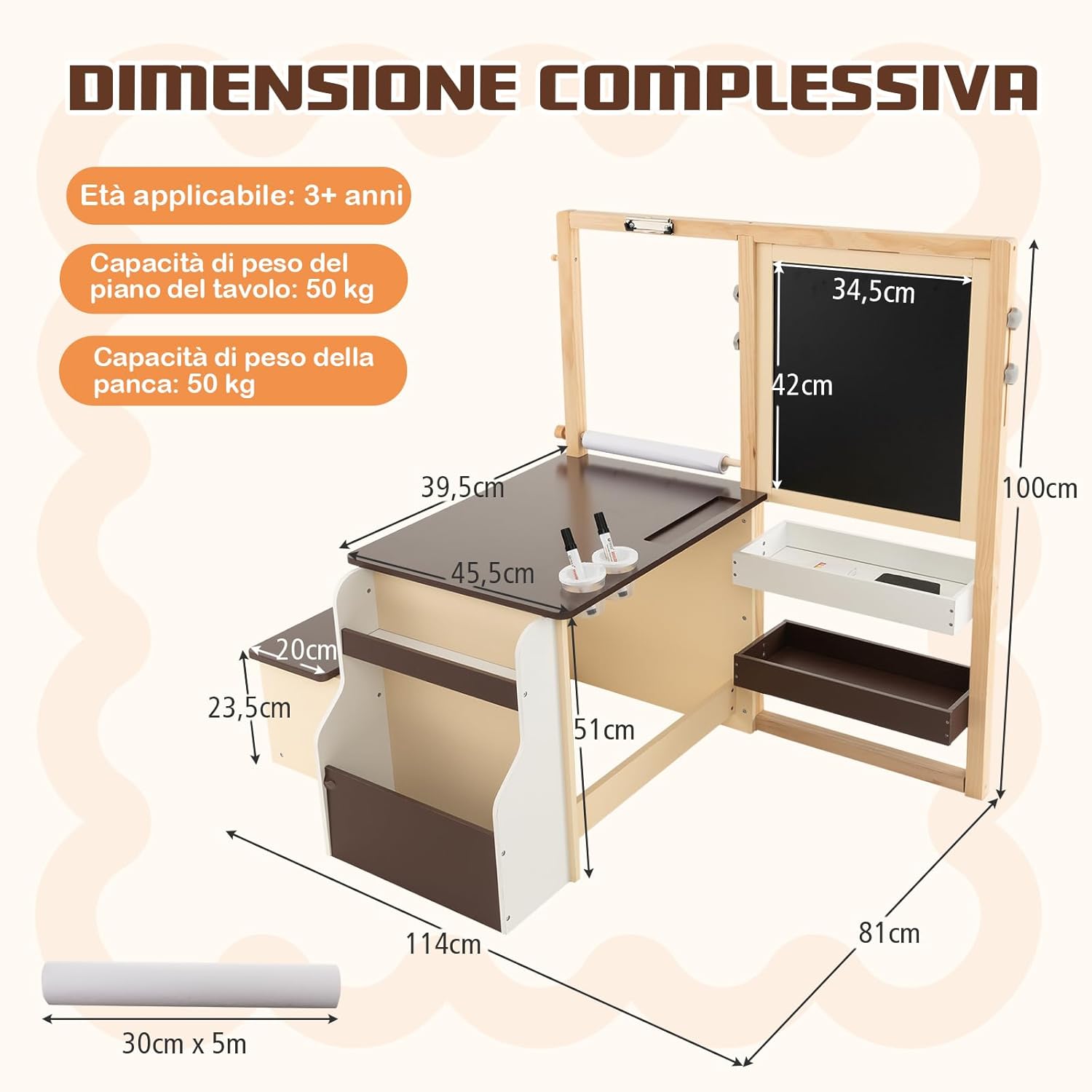 Set 3 in 1 Tavolo e Sedie per Bambini 3+ Anni, Tavolo in Legno Sicuro con Lavagna Cancellabile, Magnetica, Cavalletto Regolabile, Libreria e Accessori Artistici, per Disegno (Caffè)