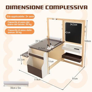 Set 3 in 1 Tavolo e Sedie per Bambini 3+ Anni, Tavolo in Legno Sicuro con Lavagna Cancellabile, Magnetica, Cavalletto Regolabile, Libreria e Accessori Artistici, per Disegno (Caffè)