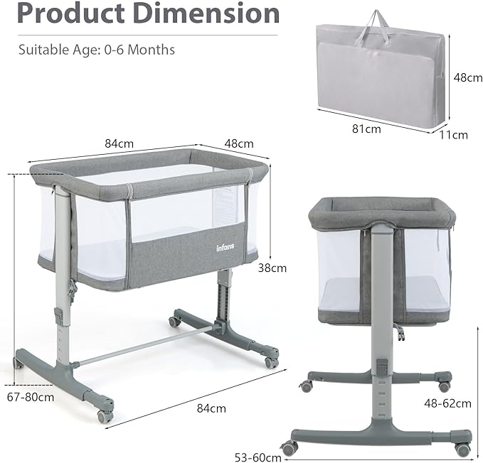 3 in 1, culla regolabile in altezza a 5 livelli, culla con materasso, lettino da viaggio mobile su ruote con navicella, culla per bambini dalla nascita fino a 9 kg (grigio chiaro)