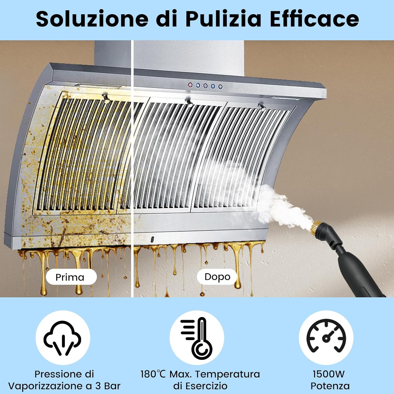 1500W Pulitore a Vapore Portatile, Vaporizzatore Domestico con Serbatoio d'Acqua 1 L (Sostenibile), Tempo Riscaldamento 10s, Macchina per Pulizia a Vapore Multiuso (Bianco)