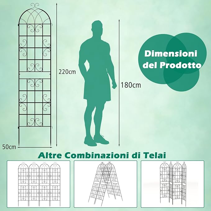 Traliccio da Giardino in Metallo 220 x 50 CM, Set di 2 Pannelli di Recinzione da Esterno per Piante Rampicanti, Decorazione Esterna per Giardino, Cortile e Patio