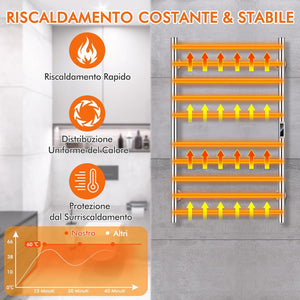 120W Scaldasalviette Elettrico con 10 Barre, Timer e Display LCD, Portasciugamani Elettrico Riscaldato Impermeabile in Acciaio Inox, Argento