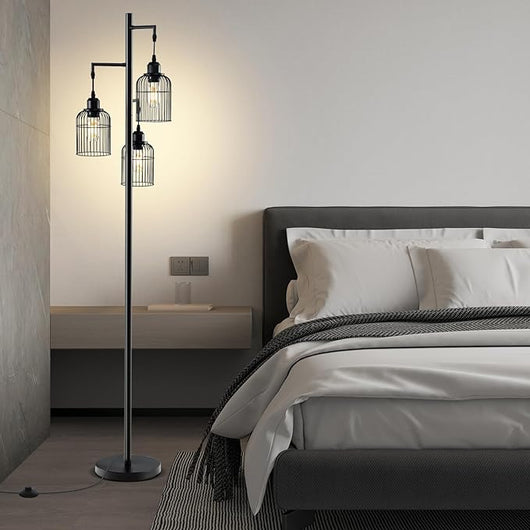 Lampada da Terra Moderna, Lampada da Terra Industriale con 3 Paralumi a Gabbia, Interruttore a Pedale e Base Robusta, Lampada da Salotto, Camera da Letto e Studio [Classe di efficienza energetica A]