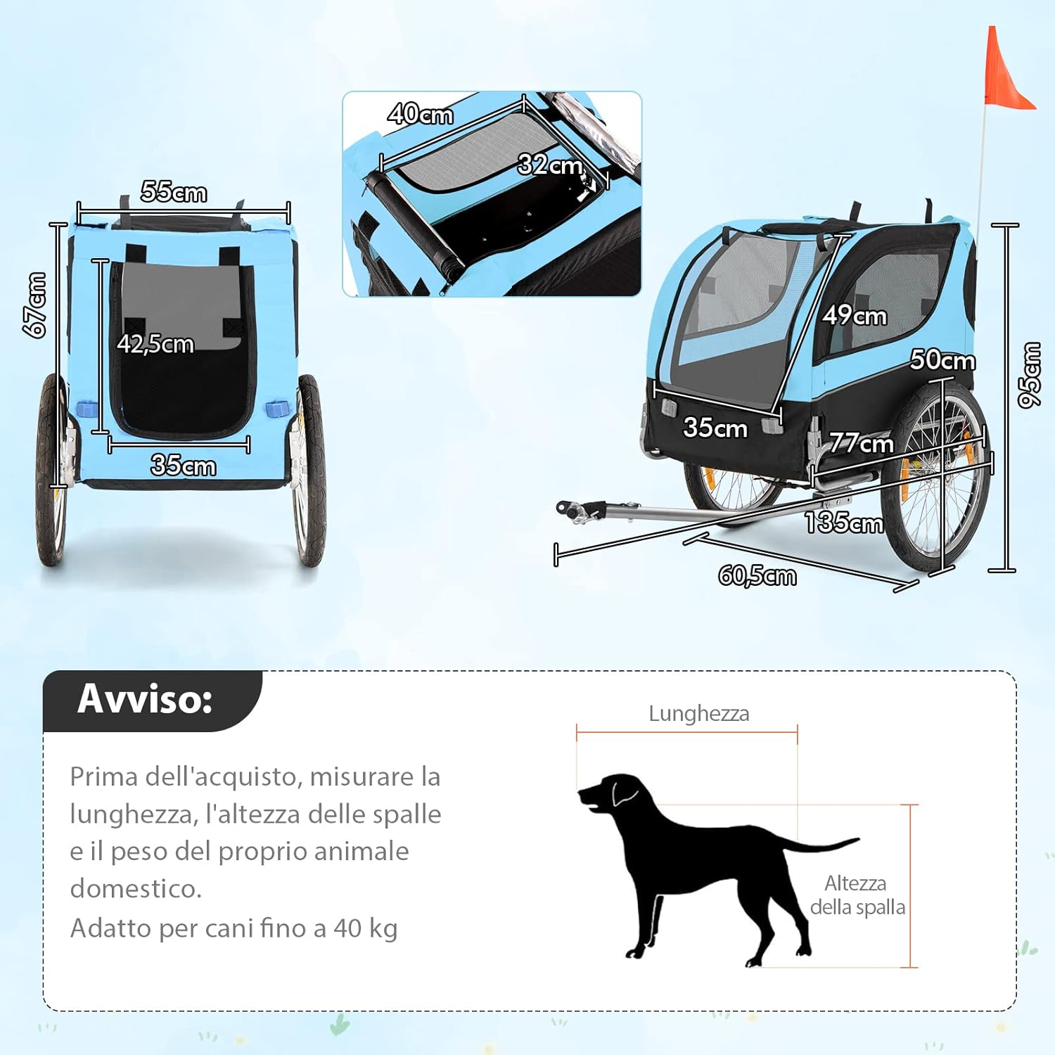 Rimorchio Bici per Animali, Carrello per Bicicletta per Cani di Piccola e Media Taglia con Ruote da 50cm e Tettuccio Apribile, Portata 40 kg, 60,5 x 135 x 95 cm (Azzurro)