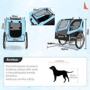 Rimorchio Bici per Animali, Carrello per Bicicletta per Cani di Piccola e Media Taglia con Ruote da 50cm e Tettuccio Apribile, Portata 40 kg, 60,5 x 135 x 95 cm (Azzurro)