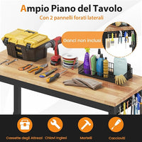 Banco da Lavoro Regolabile in Altezza 74-104 cm, Tavolo da Lavoro in Legno di Gomma, con Ruote Bloccabili, 2 Pannelli Laterali Forati, Stazione di Lavoro per Officina, Garage, Capacità 1100 kg