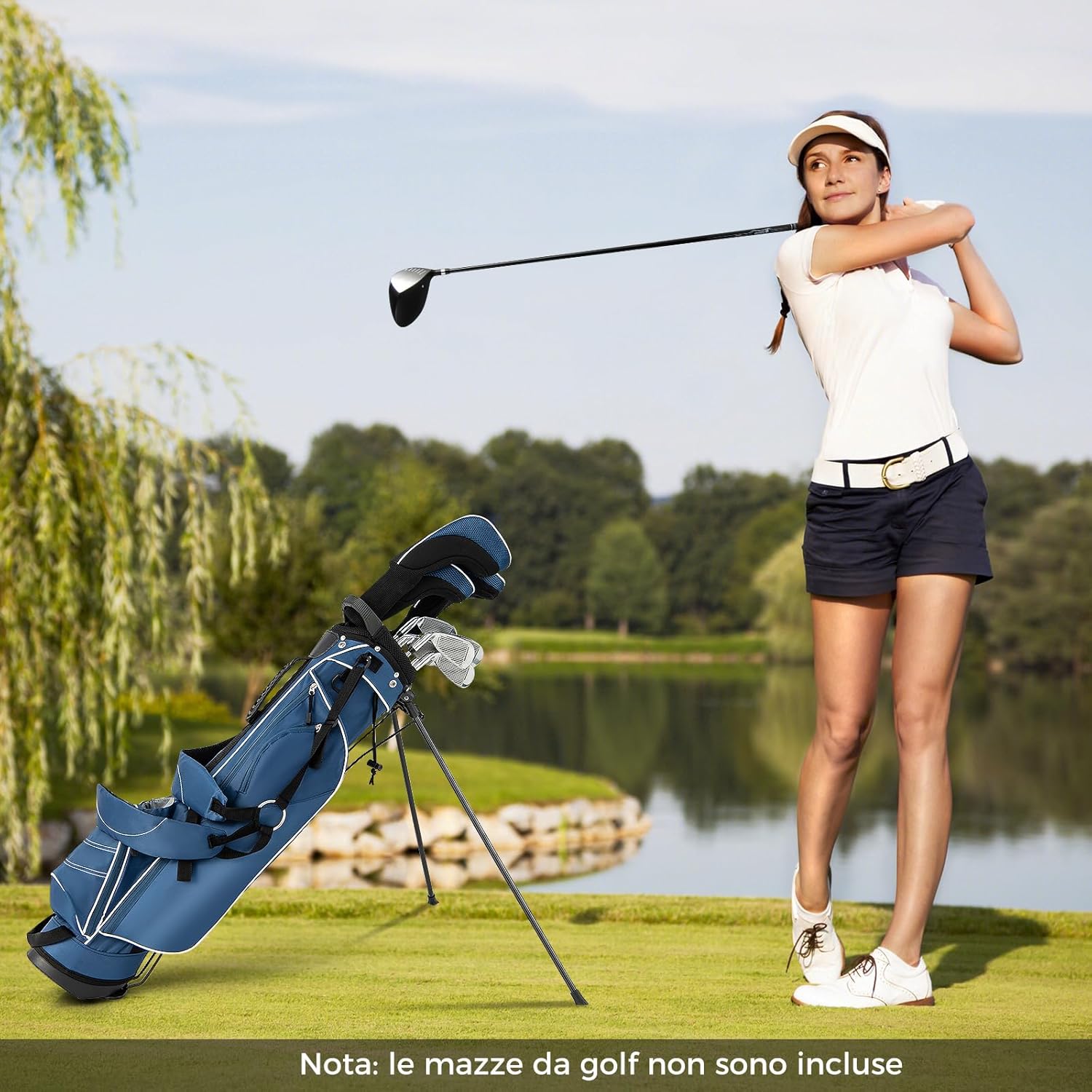 Sacca da Golf con Supporto, Borsa da Golf a 4 Scomparti con 4 Tasche con Cerniera, Borsa Frigo, Tracolla Doppia, Cappuccio Antipioggia, Supporto per Ombrellone