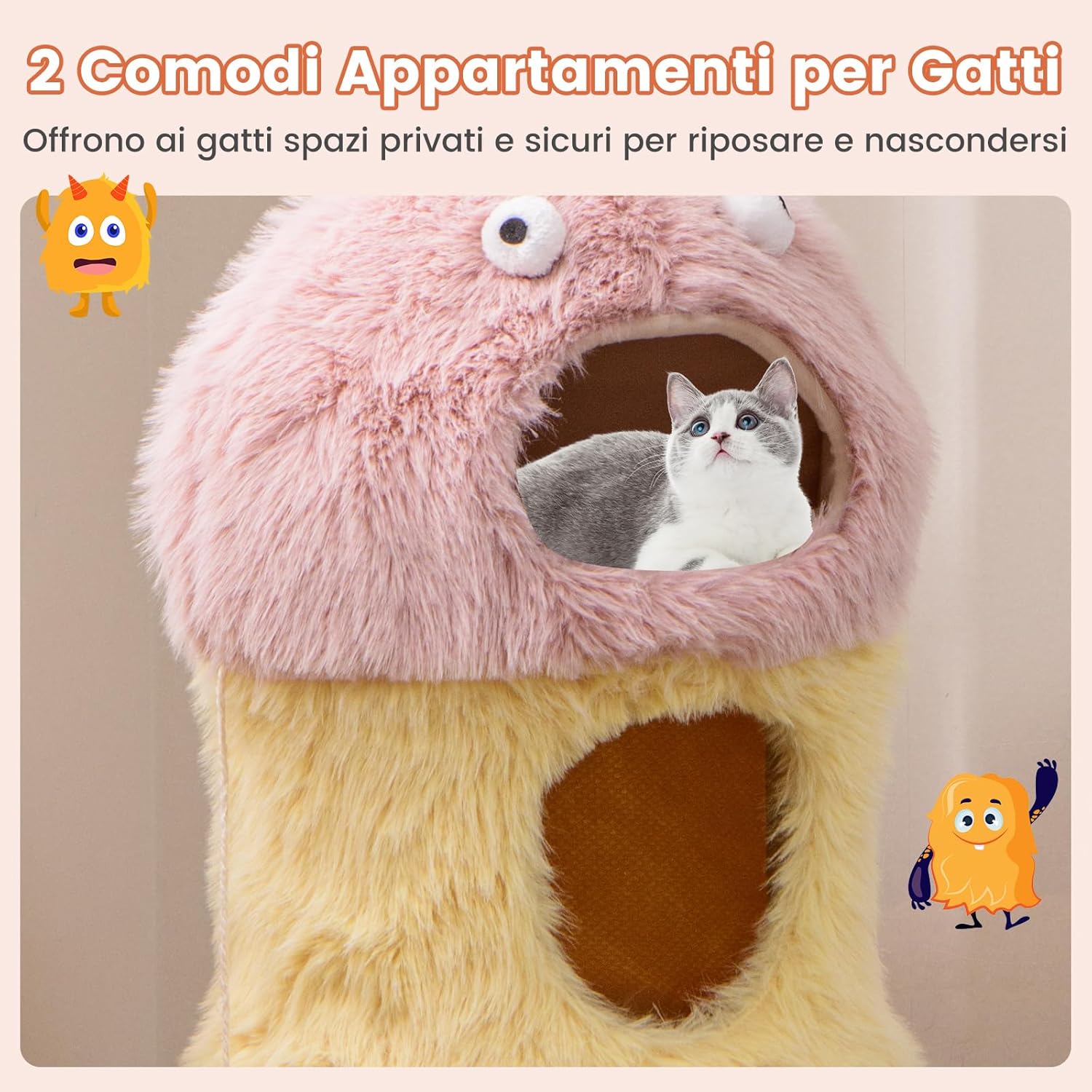 Tiragraffi per Gatti 93 cm, Torre di Gatti a Tema Mostro, Piuma Morbida e Lunga, Palo per Graffio in Sisal e Giocattoli Pendenti, Centro Attività per Gattini a 3 Livelli
