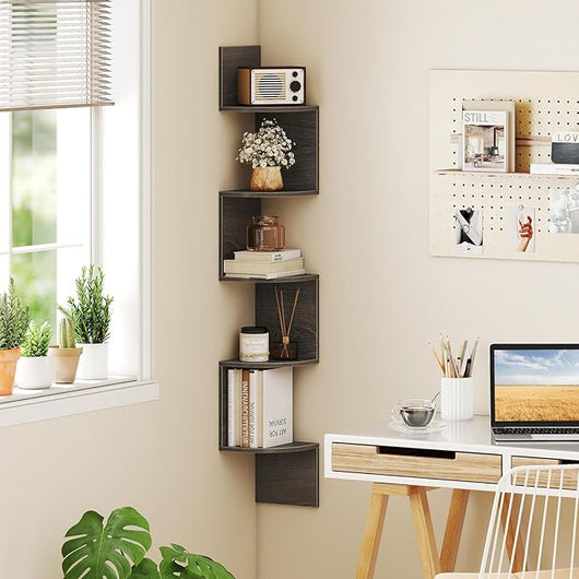 Scaffale Angolare a 5 Livelli, Scaffale Sospeso a Muro, Organizzatore di Stoccaggio a Parete, Espositore in Legno per Soggiorno Camera da Letto e Cucina, 20 x 20 x 126 cm (Grigio)