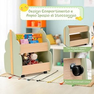 Libreria per Bambini in Legno, Scaffale di Stoccaggio a 2 Livelli per Bambini e Bambine, Organizzatore di Libri e di Giocattoli, Ideale per Caremetta e Nido, 52 x 46 x 62,5 cm (Verde)