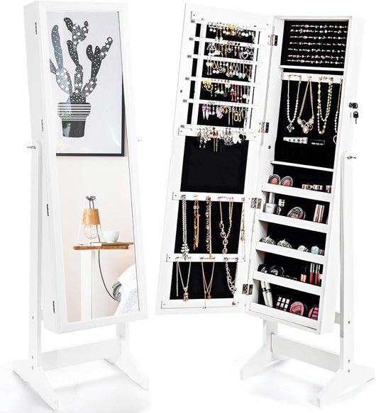 Armadietto Portagioie con Specchio a Figura Intera, 4 Angoli Reclinabili, Specchiera Portagioielli con Serratura, Armadio Porta Gioie da Terra (Bianco)
