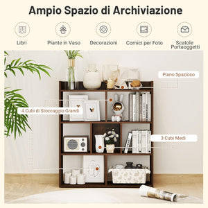 Libreria a Cubi con 7 Scomparti, Mensola Espositiva per l'Archiviazione, Libreria in Legno con Dispositivi Anti-Ribaltamento, per Studio Soggiorno, 80x20x90 cm (Caffè)