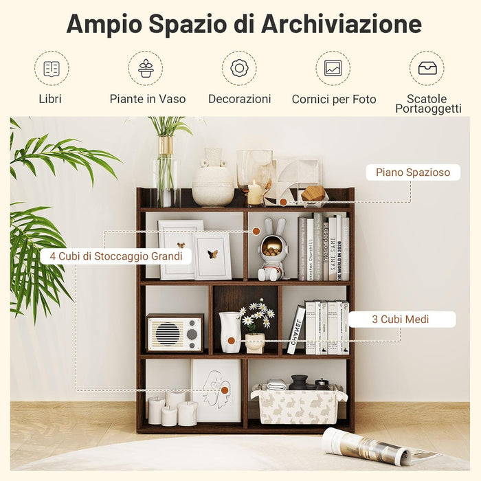 Libreria a Cubi con 7 Scomparti, Mensola Espositiva per l'Archiviazione, Libreria in Legno con Dispositivi Anti-Ribaltamento, per Studio Soggiorno, 80x20x90 cm (Caffè)
