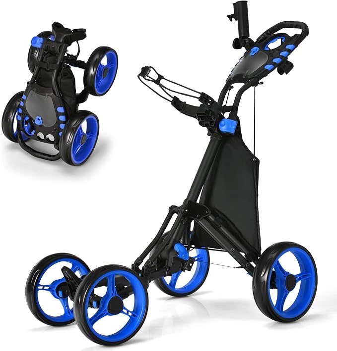 Carrello da Golf a Spinta e a Trazione, Carrello Golf Pieghevole Leggero a 4 Ruote con Borsa Impermeabile, Freno a Pedale, Porta Tazza e Porta Ombrello Regolabile(Blu)