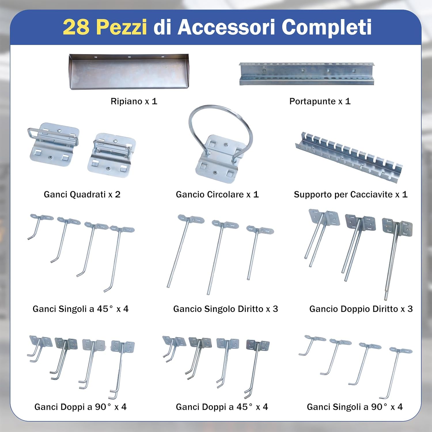 Kit 3 Pannelli Porta Attrezzi da Parete 60 x 40 cm, Pannello Forato Portaoggetti con 24 Ganci e Supporti, Pannello Portautensili per Officina e Garage (Blu)