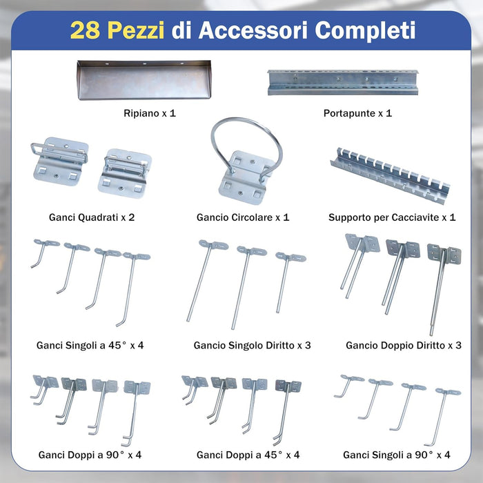 Kit 3 Pannelli Porta Attrezzi da Parete 60 x 40 cm, Pannello Forato Portaoggetti con 24 Ganci e Supporti, Pannello Portautensili per Officina e Garage (Blu)