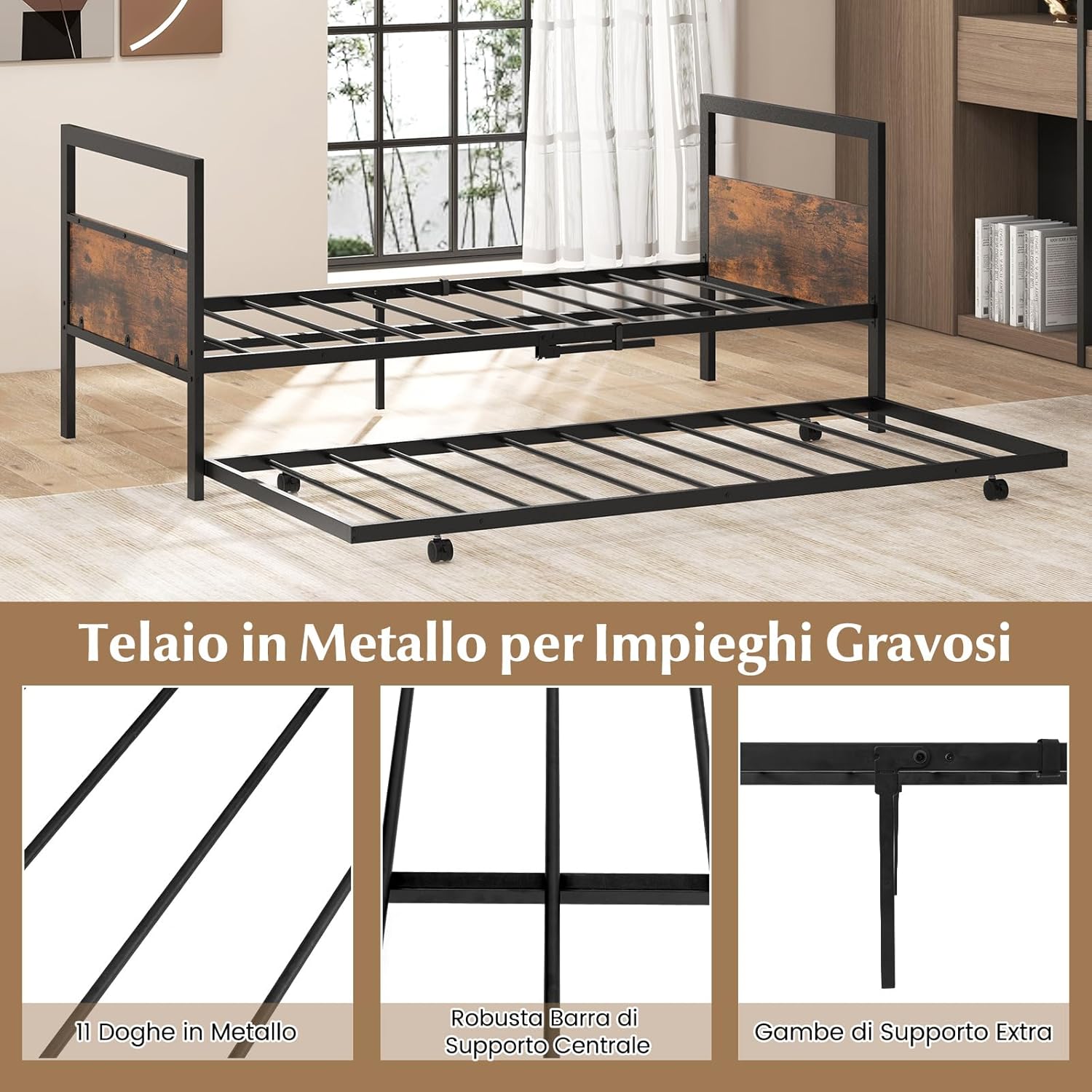 Letto Singolo 90 x 200 cm, Struttura Letto Estraibile con Ruote Testiera e Pediera, Gambe Pieghevoli e Supporto a Doghe in Metallo, Telaio da Letto Silenzio, Carico 220 kg