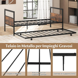 Letto Singolo 90 x 200 cm, Struttura Letto Estraibile con Ruote Testiera e Pediera, Gambe Pieghevoli e Supporto a Doghe in Metallo, Telaio da Letto Silenzio, Carico 220 kg