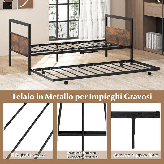 Letto Singolo 90 x 200 cm, Struttura Letto Estraibile con Ruote Testiera e Pediera, Gambe Pieghevoli e Supporto a Doghe in Metallo, Telaio da Letto Silenzio, Carico 220 kg