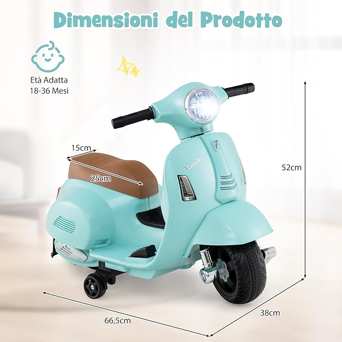 Moto Elettrica per Bambini, 6V Mini Moto per Bambini 18-36 Mesi, con Licenza Ufficiale Vespa, con Luci a LED e Suoni di Clacson, Portata 25 kg, 2 Ruote di Allenamento, 2,5 km/h (Blu)