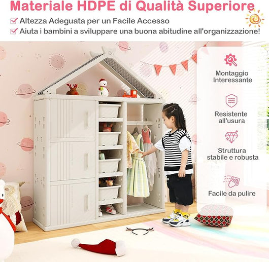 Armadio per Bambini, Organizzatore a Forma di Casa con 1 Lavagna, 3 Armadietti, 4 Cestini, 3 Cubi Chiusi e 3 Cestini Laterali, Armadietto Salvaspazio per Camera da Letto e Soggiorno (Bianco)