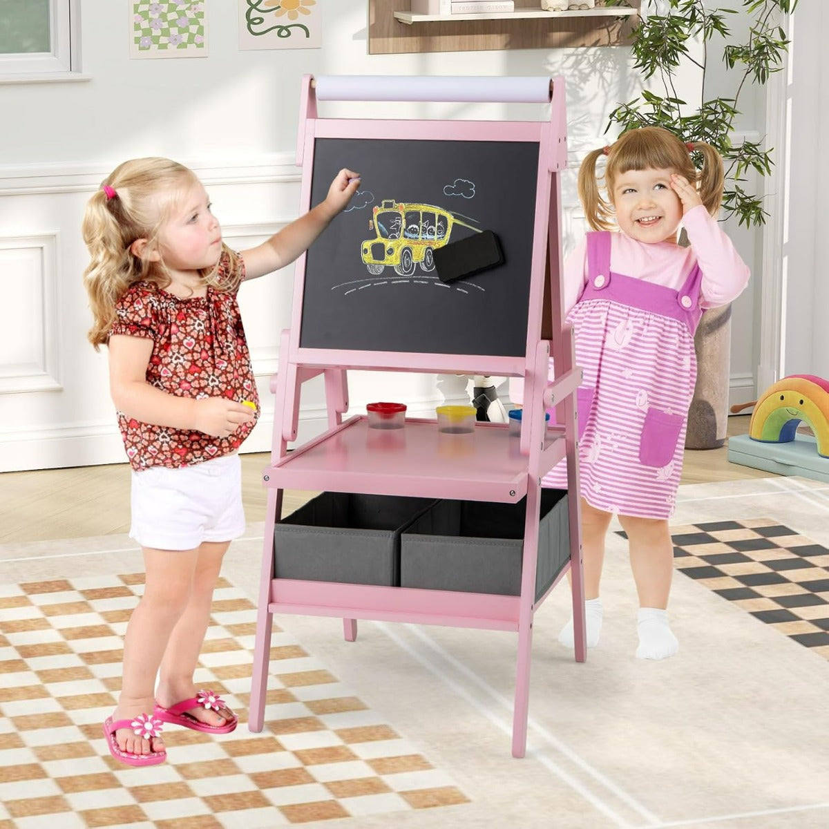 Cavalletto 3 in 1 per bambini, Cavalletto con doppia faccia magnetica e lavagna bianca Rosa-Cavalletti e lavagne bambini