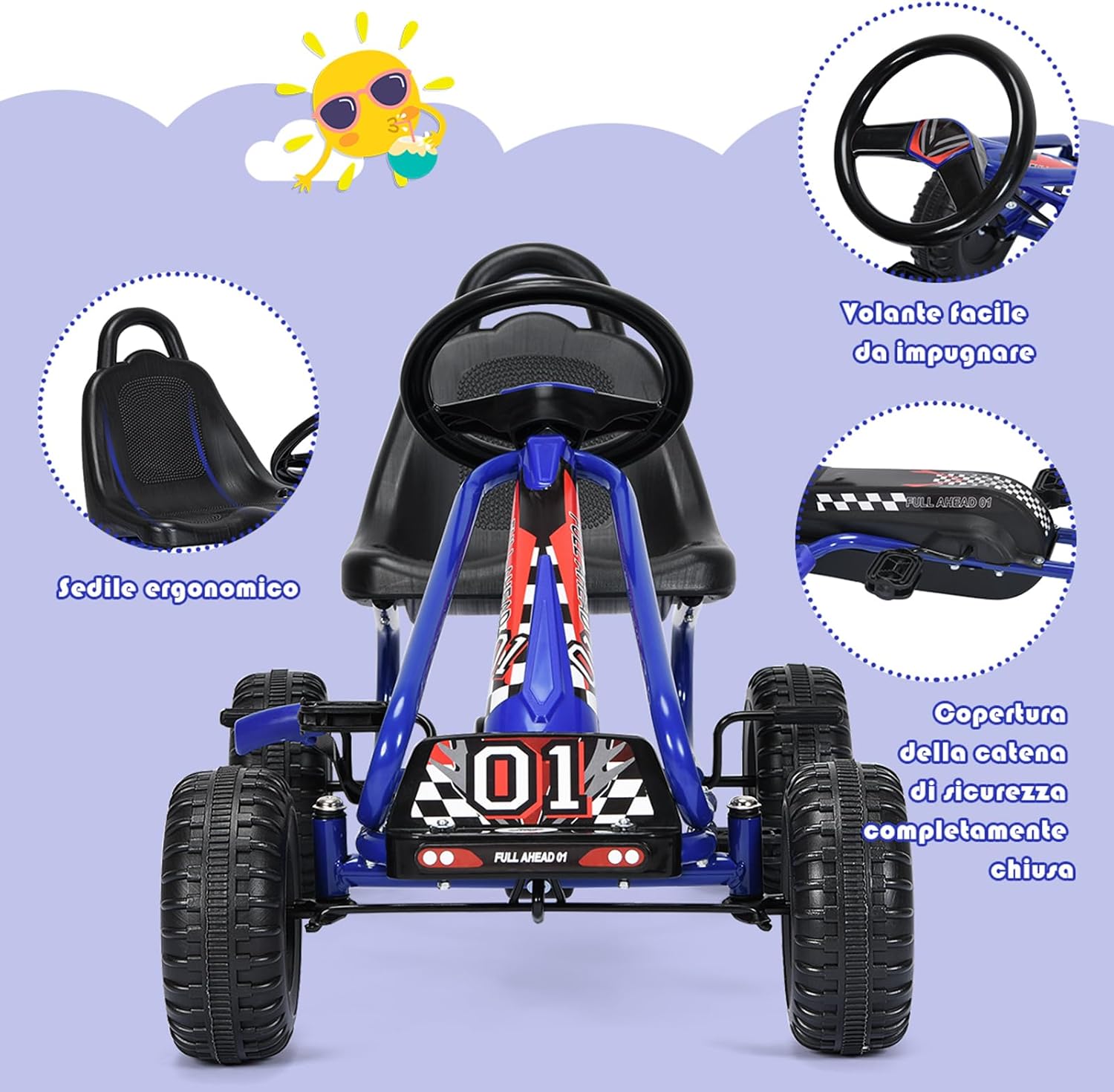 Go Kart a Pedali per Bambini, Go Kart Veicolo con Sedile Regolabile e Freno a Mano, per Bambini 3-6 Anni, Portata Massima 30 kg (Blu)
