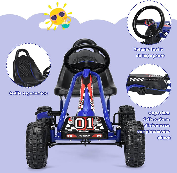 Go Kart a Pedali per Bambini, Go Kart Veicolo con Sedile Regolabile e Freno a Mano, per Bambini 3-6 Anni, Portata Massima 30 kg (Blu)