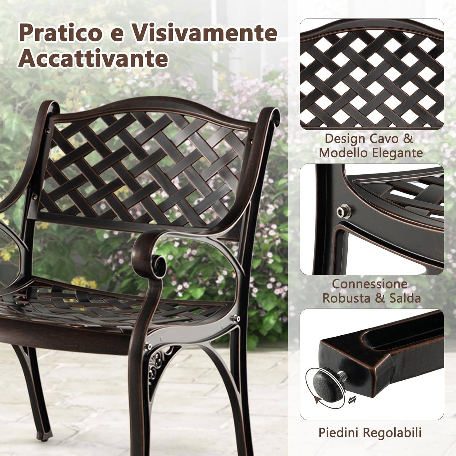 Set di 2 Sedie da Giardino in Alluminio Pressofuso, Sedie da Pranzo per Esterno, con Braccioli e Sedute Curve, Poltrona in Metallo da Giardino Balcone, Portata 150 kg (Modello 1)